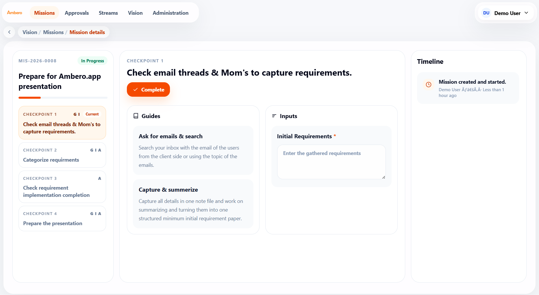 Ambero.app Mission detail screen